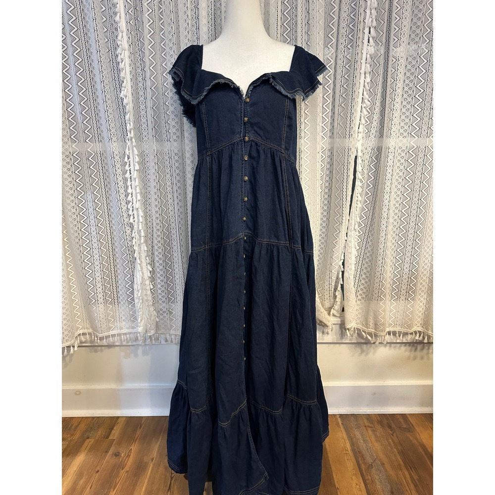 Pilcro Anthropologie Denim Ruffle Maxi Dress Indigo Blue Tiered Smocked Large - Picture 2 of 8